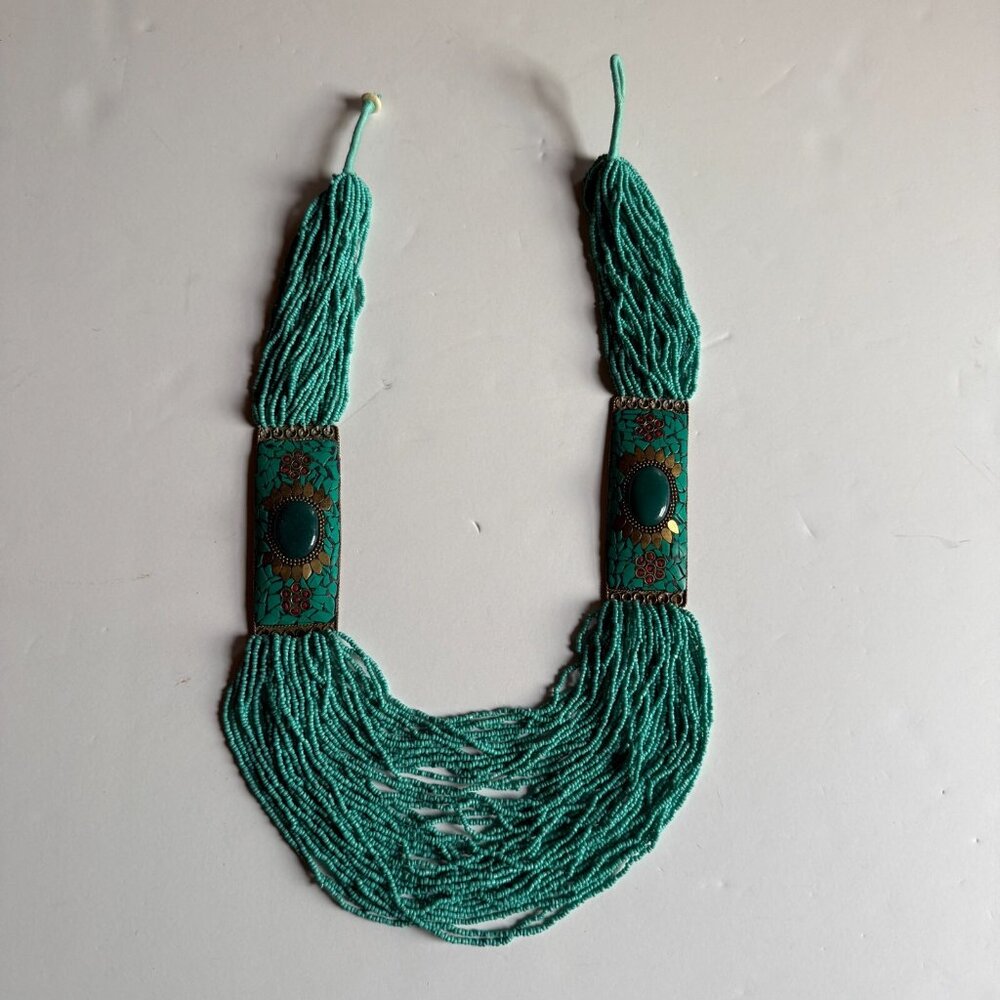 Handmade Beaded Statement Necklace – Teal & Brass Floral Inlay – Boho Style